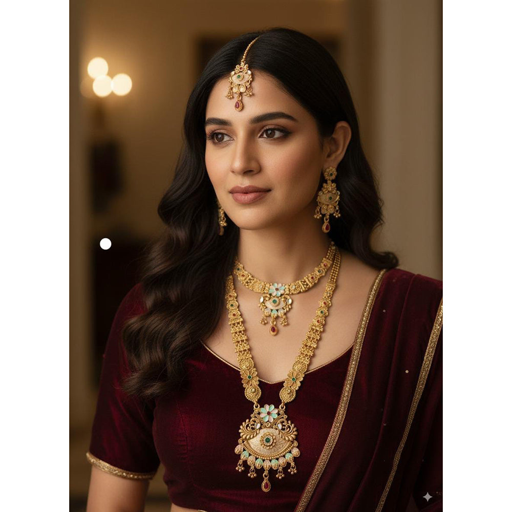 Akruti Collection Ethnic Charm Pota Stone And Meenakari Double Necklace Set