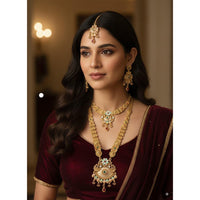 Akruti Collection Ethnic Charm Pota Stone And Meenakari Double Necklace Set
