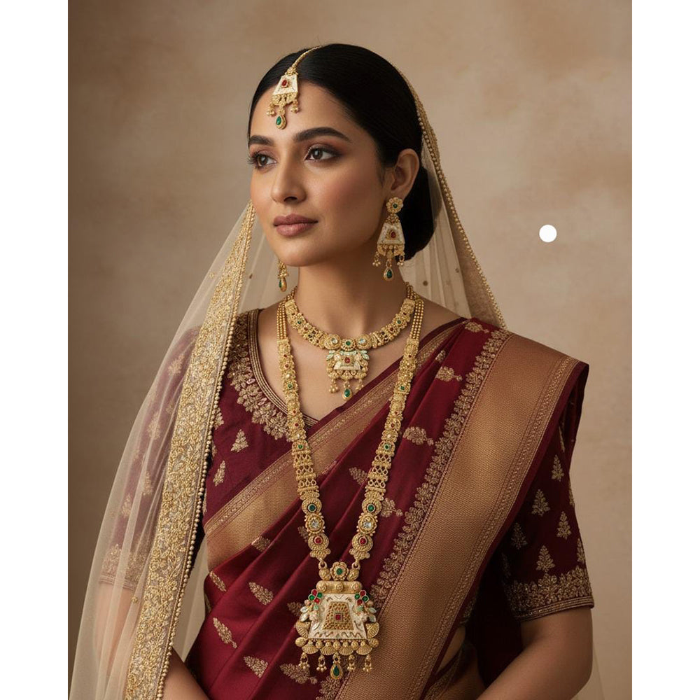 Akruti Collection Ethnic Charm Pota Stone And Meenakari Double Necklace Set