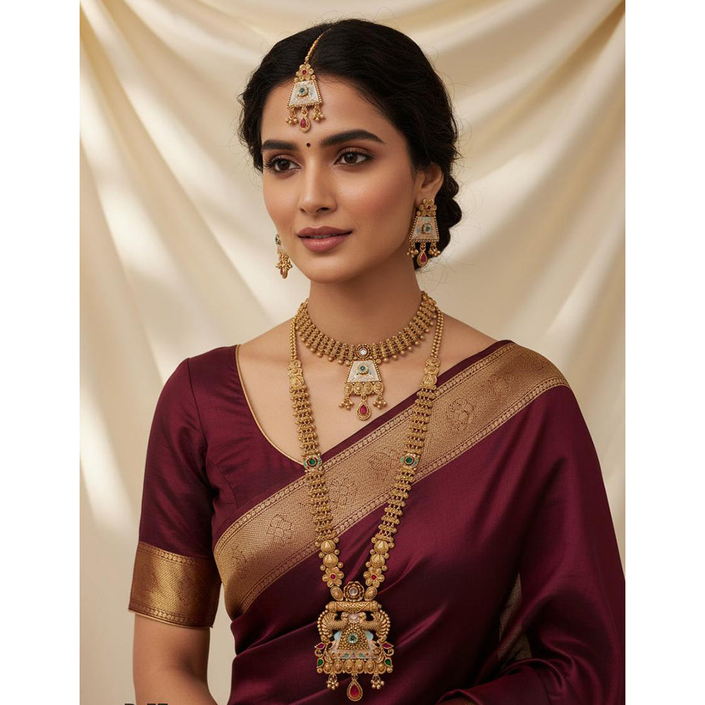 Akruti Collection Ethnic Charm Pota Stone And Meenakari Double Necklace Set