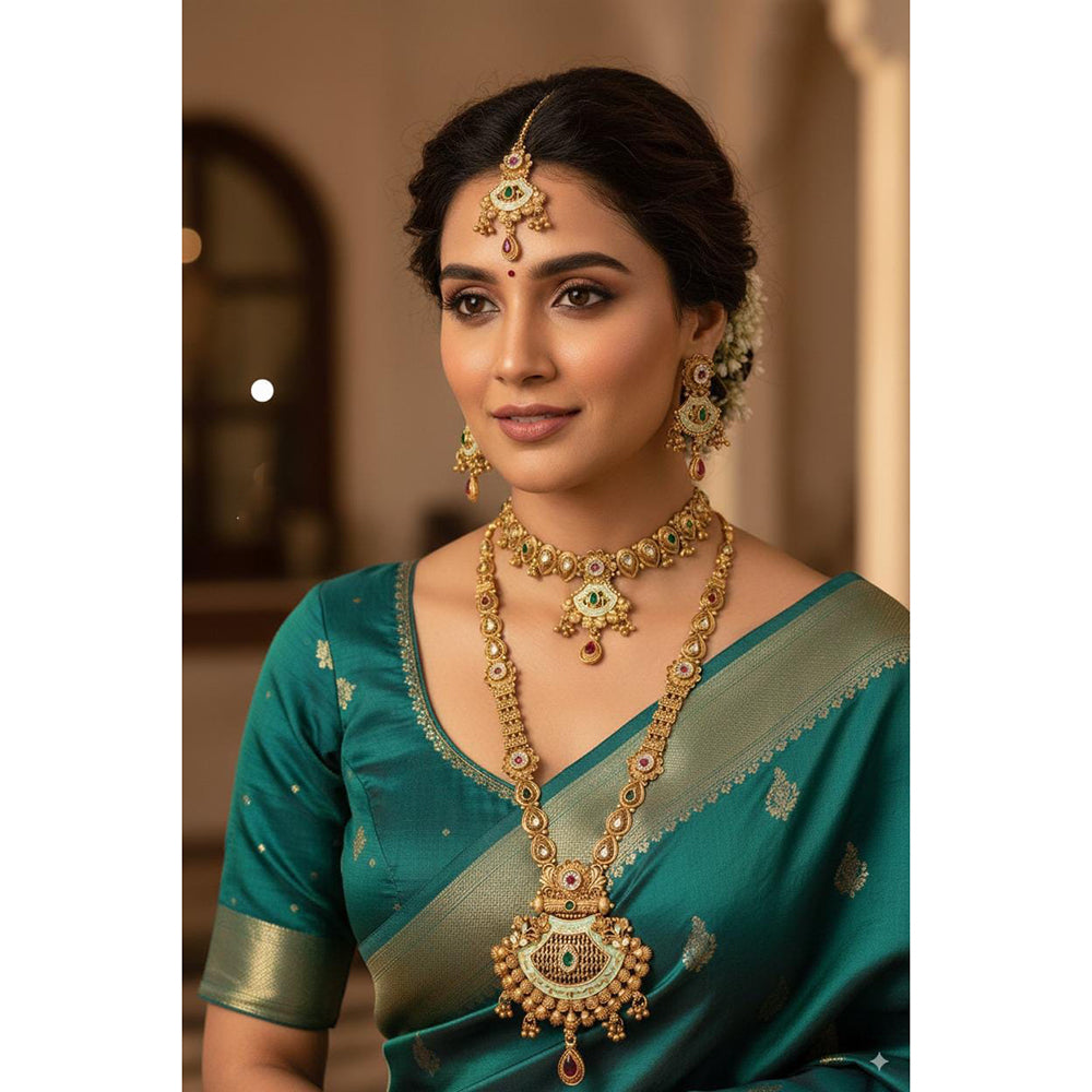 Akruti Collection Ethnic Charm Pota Stone And Meenakari Double Necklace Set