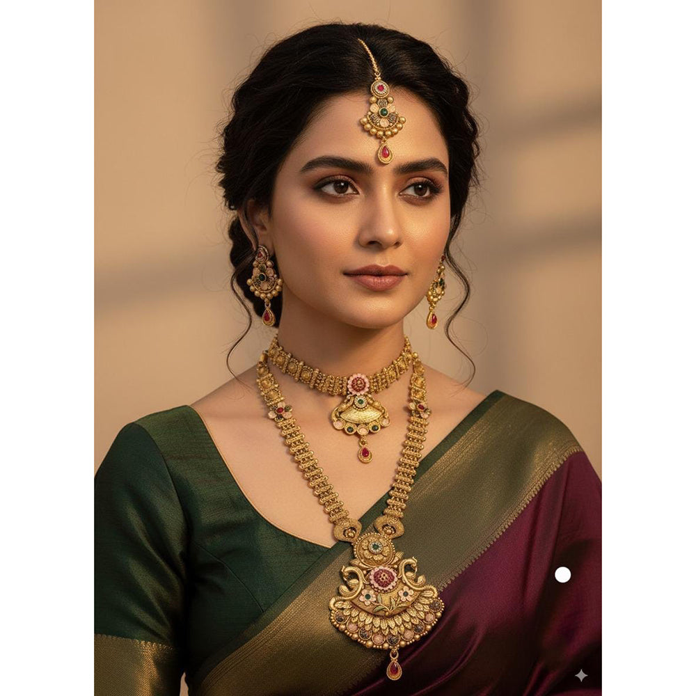 Akruti Collection Ethnic Charm Pota Stone And Meenakari Double Necklace Set