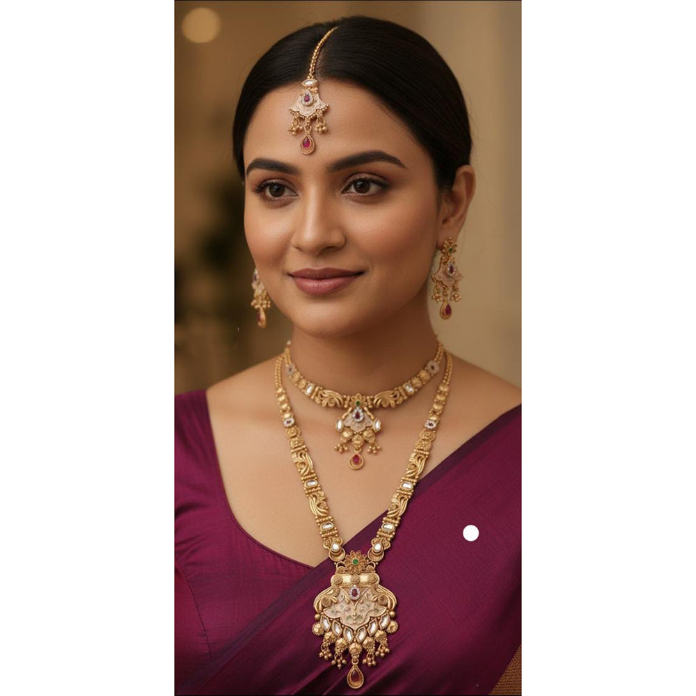 Akruti Collection Royal Heritage Pota Stone And Crystal Double Necklace Set