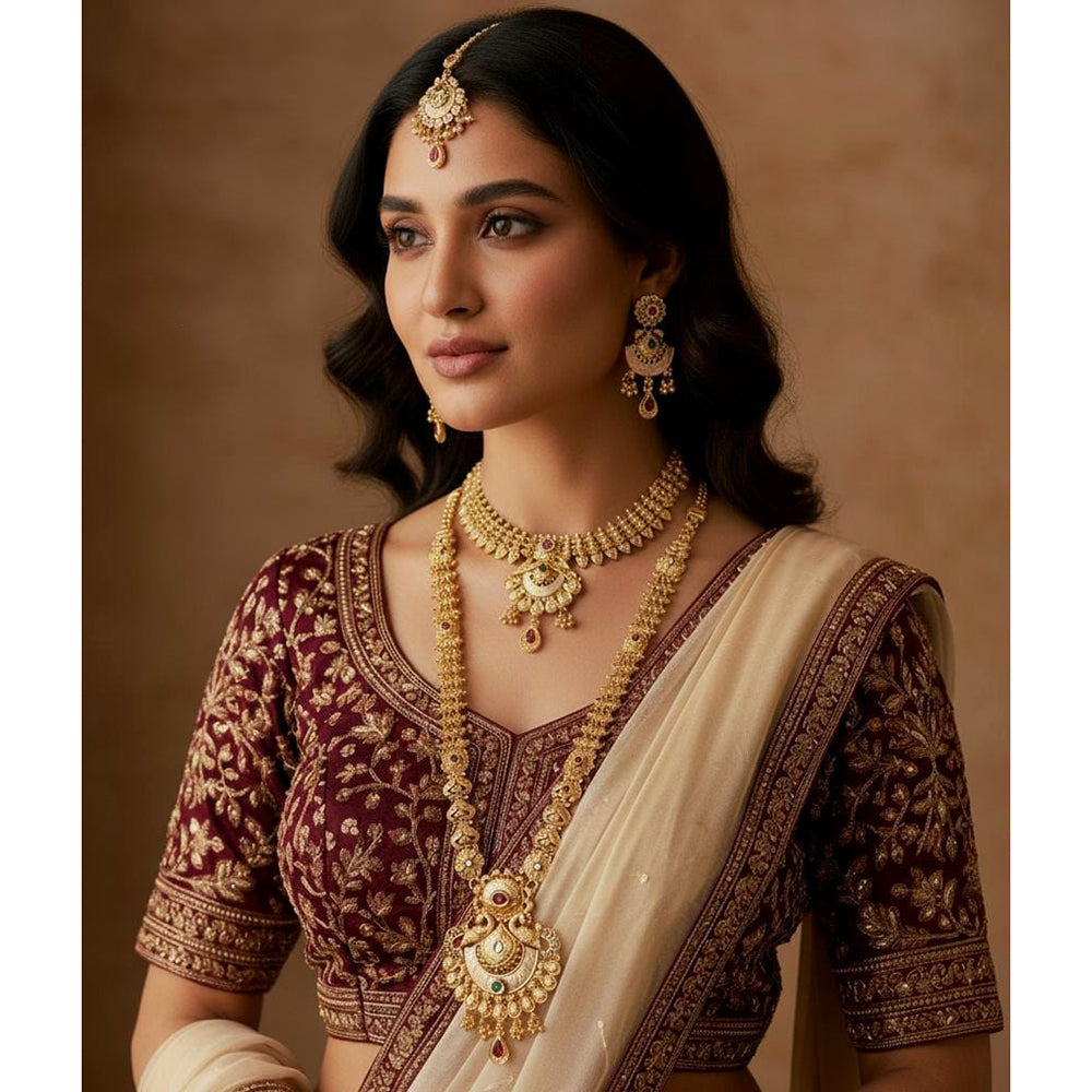 Akruti Collection Premium Pota Stone And Meenakari Double Necklace Set