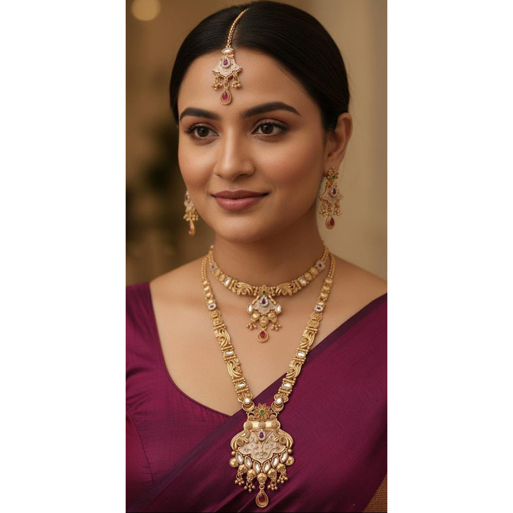 Akruti Collection Premium Pota Stone And Meenakari Double Necklace Set