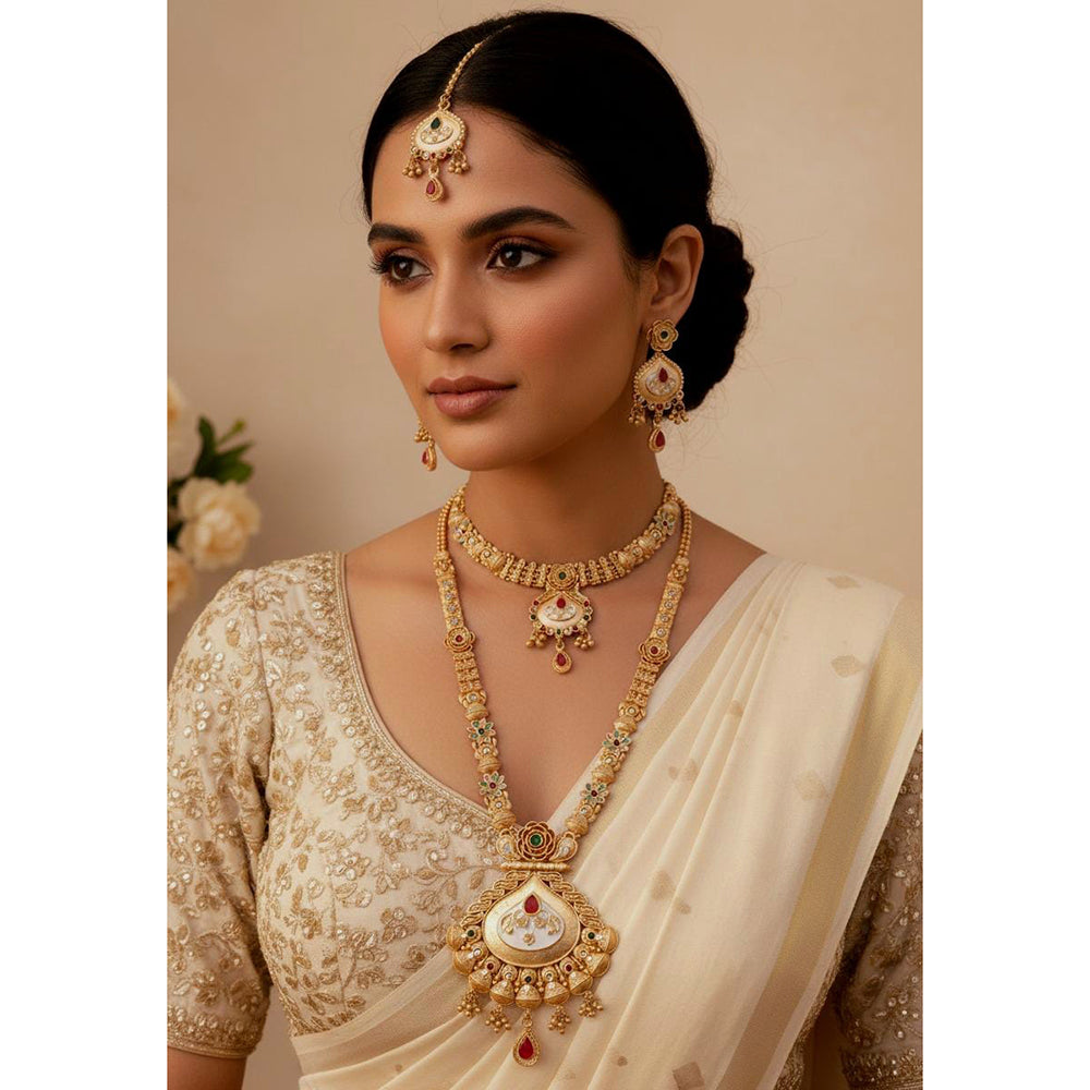 Akruti Collection Premium Pota Stone And Meenakari Double Necklace Set