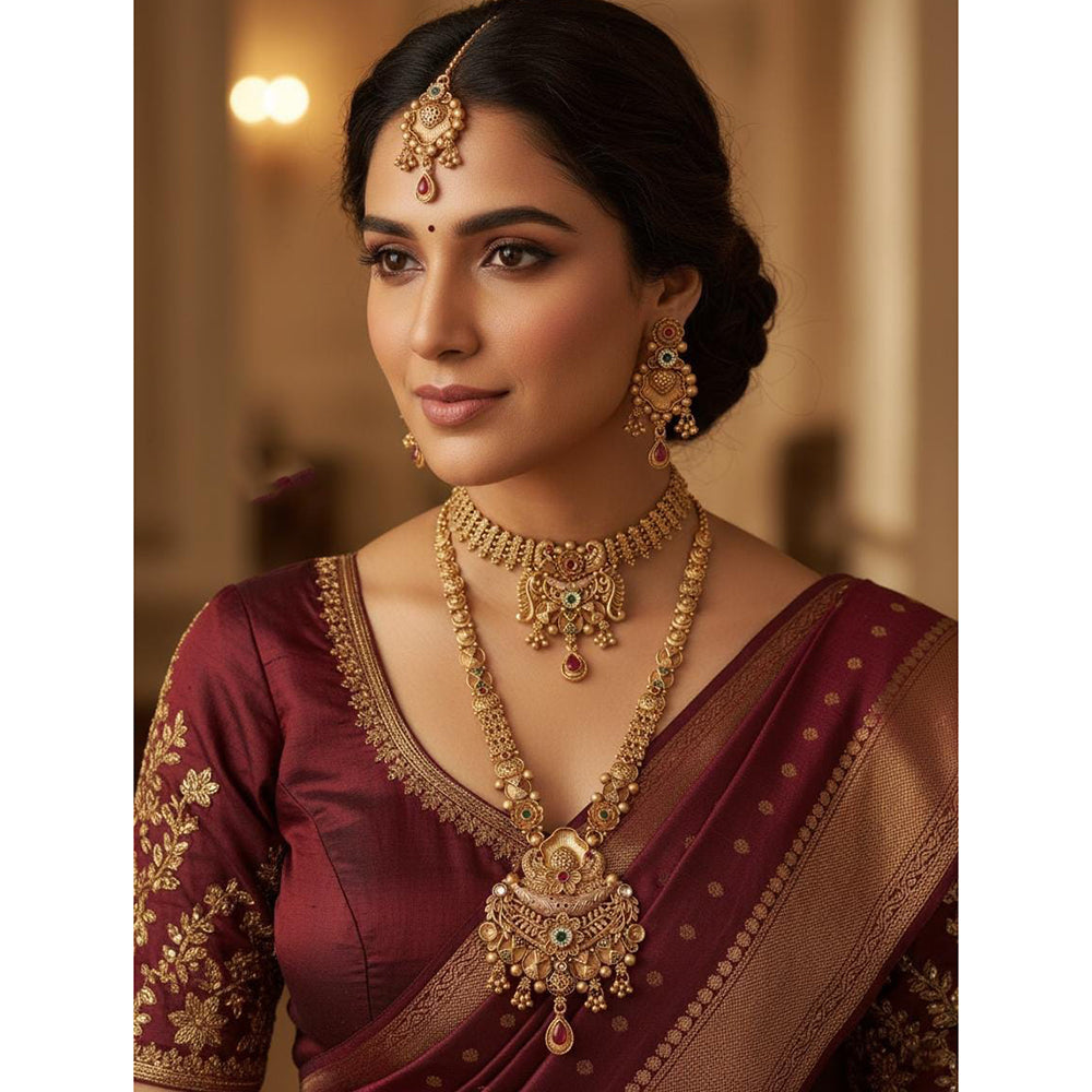 Akruti Collection Premium Pota Stone Double Necklace Set