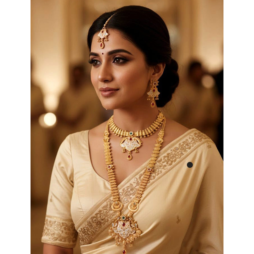 Akruti Collection Premium Pota Stone And Meenakari Double Necklace Set