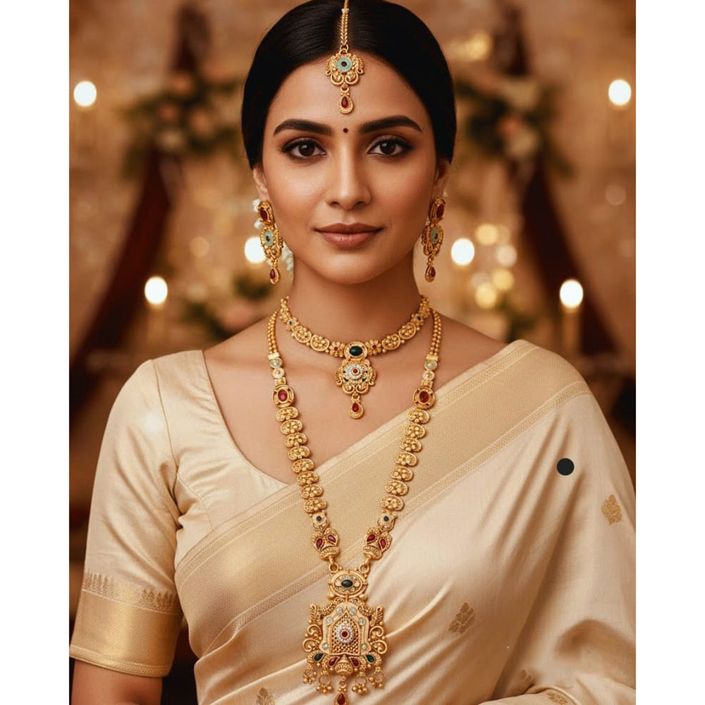 Akruti Collection Premium Pota Stone And Meenakari Double Necklace Set