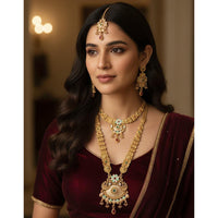 Akruti Collection Premium Pota Stone And Meenakari Double Necklace Set