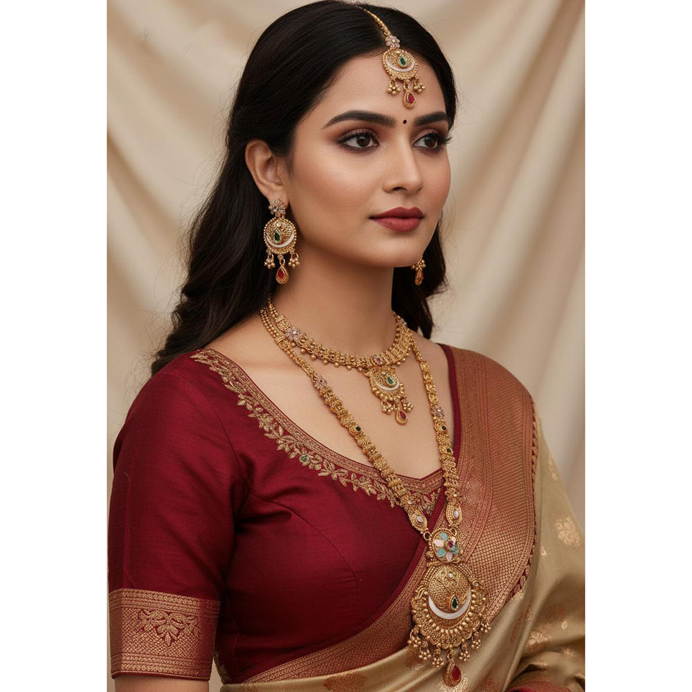 Akruti Collection Premium Pota Stone And Meenakari Double Necklace Set