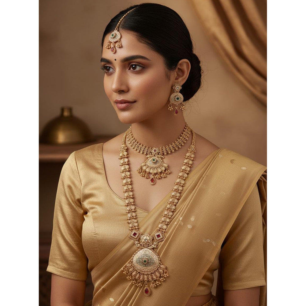 Akruti Collection Premium Pota Stone And Meenakari Double Necklace Set