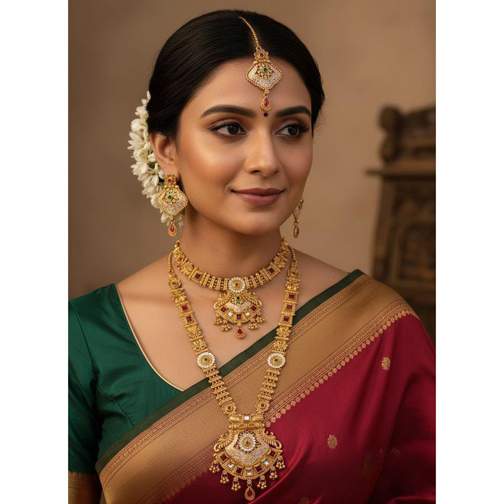 Akruti Collection Premium Pota Stone And Meenakari Double Necklace Set