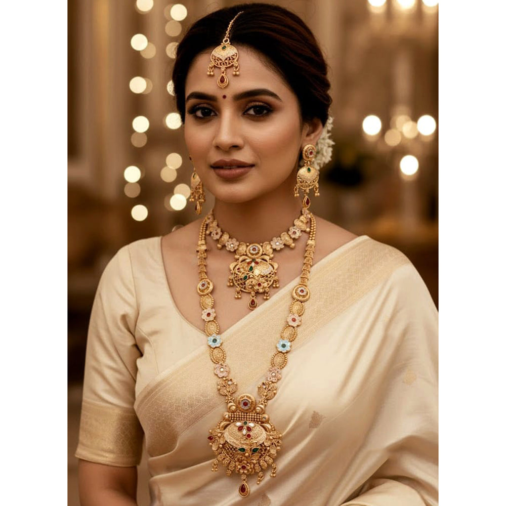 Akruti Collection Premium Pota Stone And Meenakari Double Necklace Set