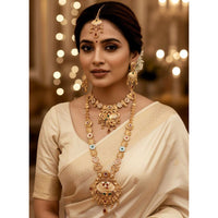 Akruti Collection Premium Pota Stone And Meenakari Double Necklace Set