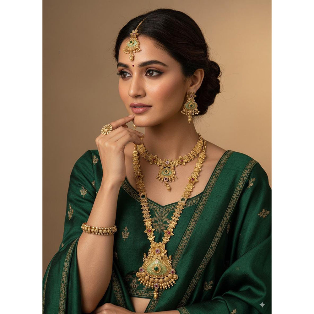 Akruti Collection Premium Pota Stone And Meenakari Double Necklace Set