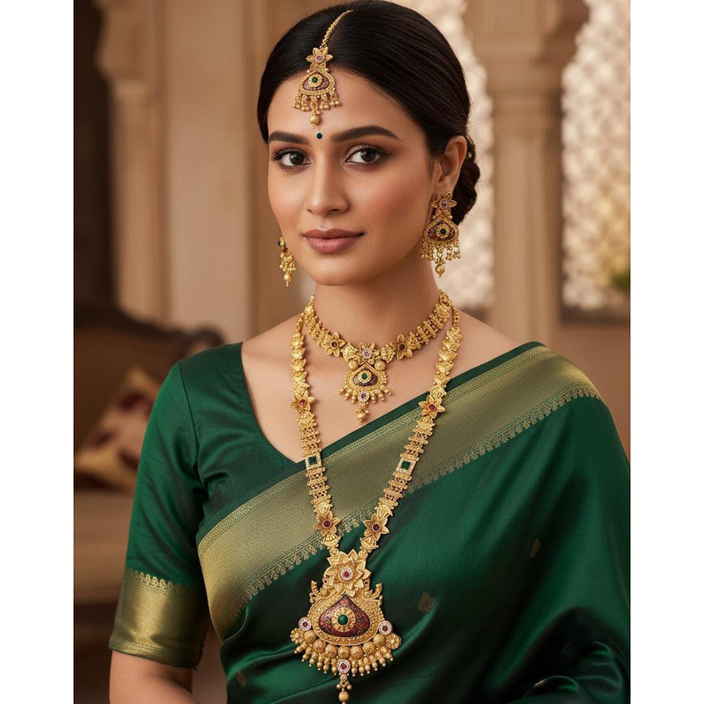 Akruti Collection Premium Pota Stone And Meenakari Double Necklace Set