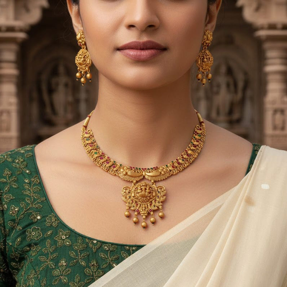 Akruti Collection Pota Stone And Pearl Traditional Temple Necklace Set