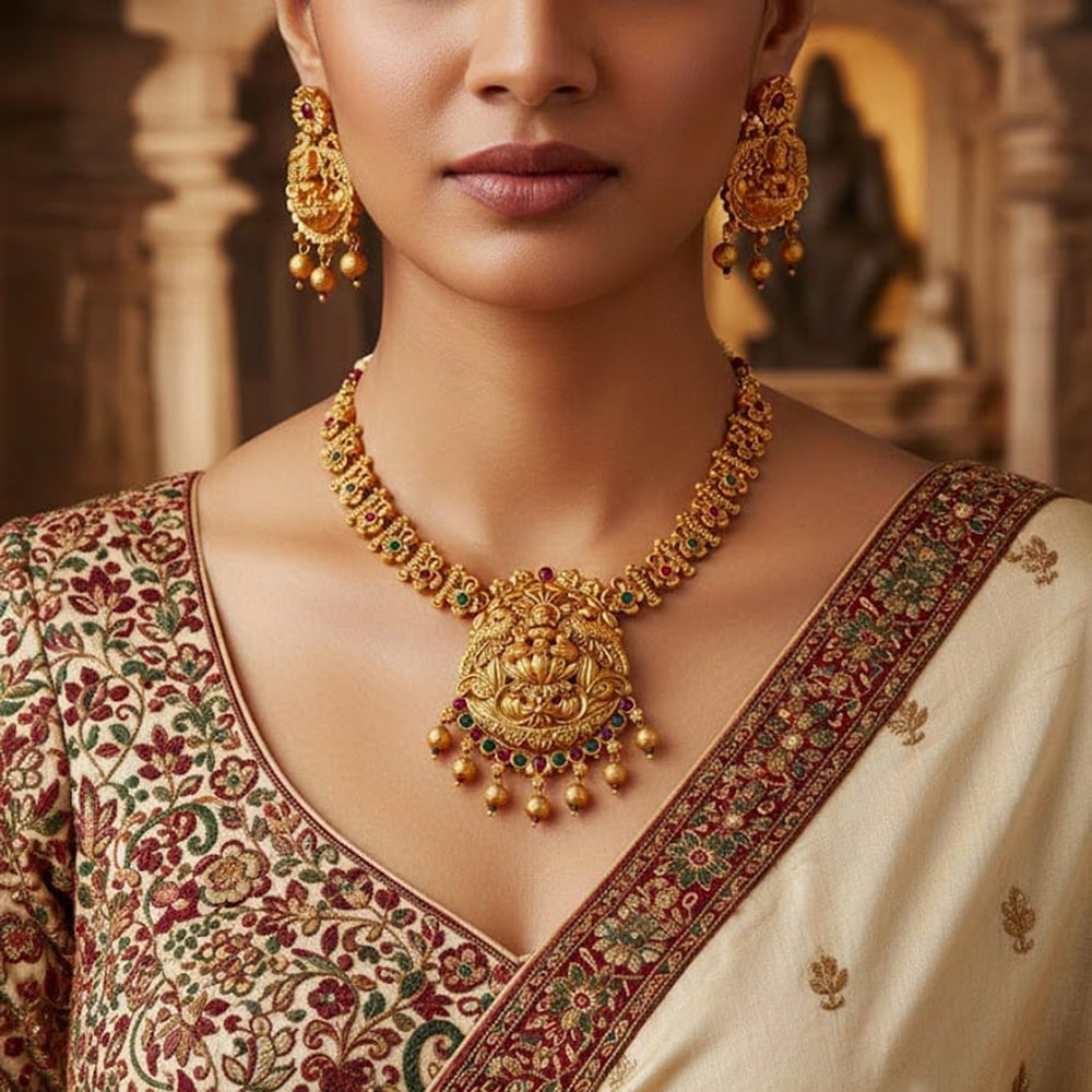 Akruti Collection Pota Stone And Pearl Traditional Temple Necklace Set