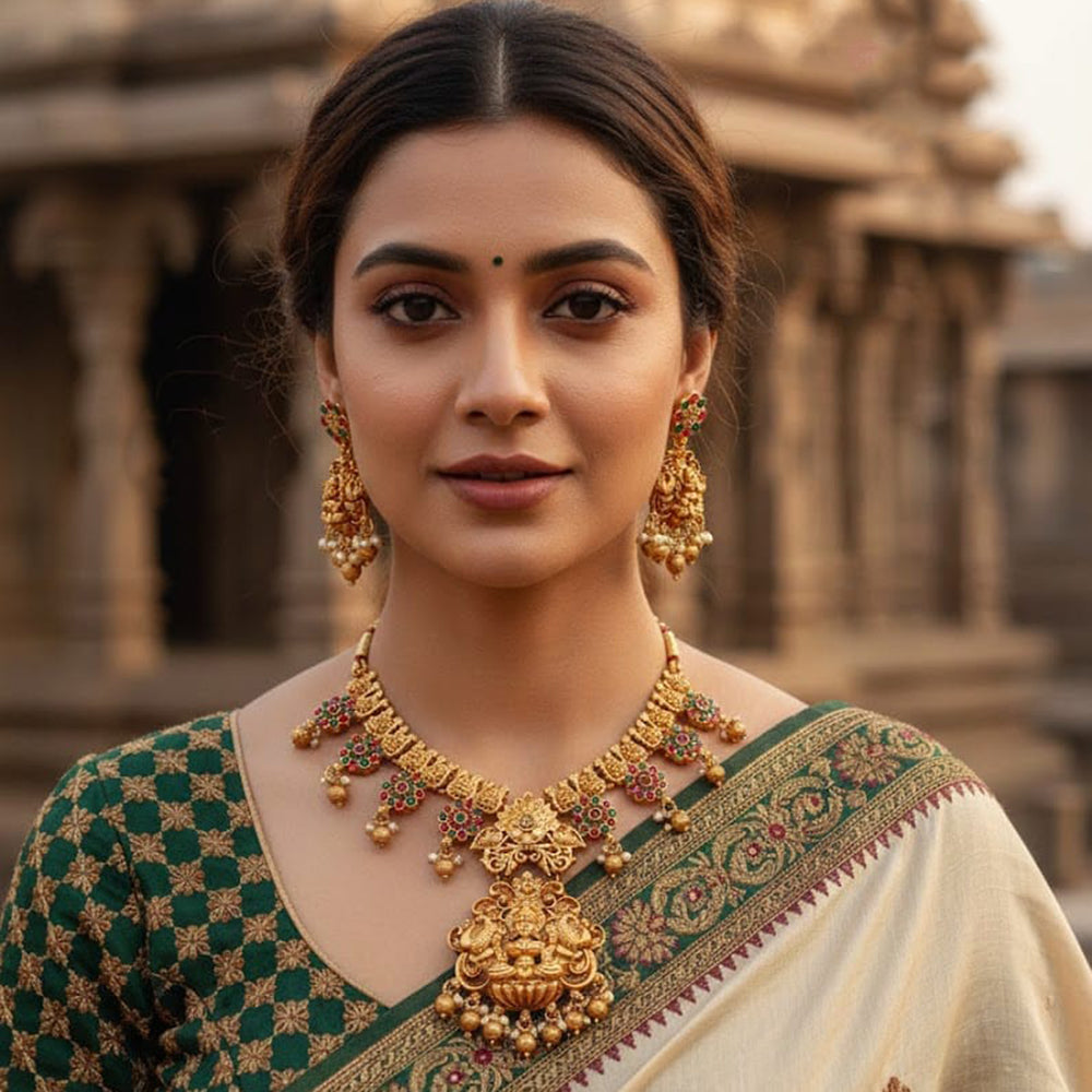 Akruti Collection Pota Stone And Pearl Traditional Temple Necklace Set