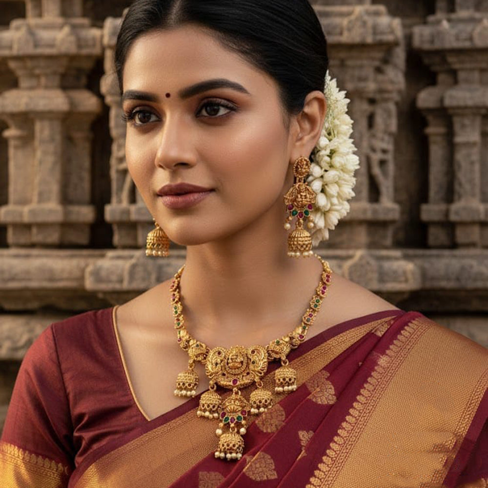 Akruti Collection Pota Stone And Pearl Temple Designer Necklace Set