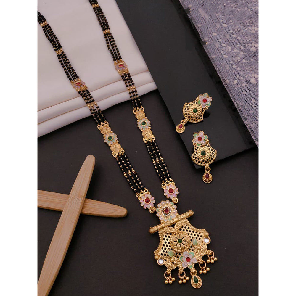 Akruti Collection Classic Pota Stone Meenakari And Black Beads Mangalsutra