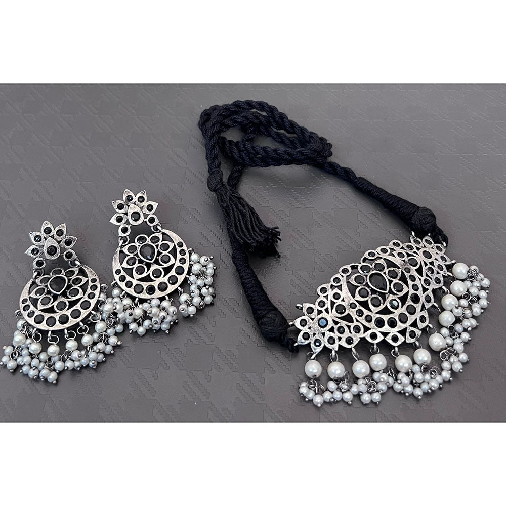 Akruti Collection Antique Oxidised Pota Stone And Pearl Choker Necklace Set