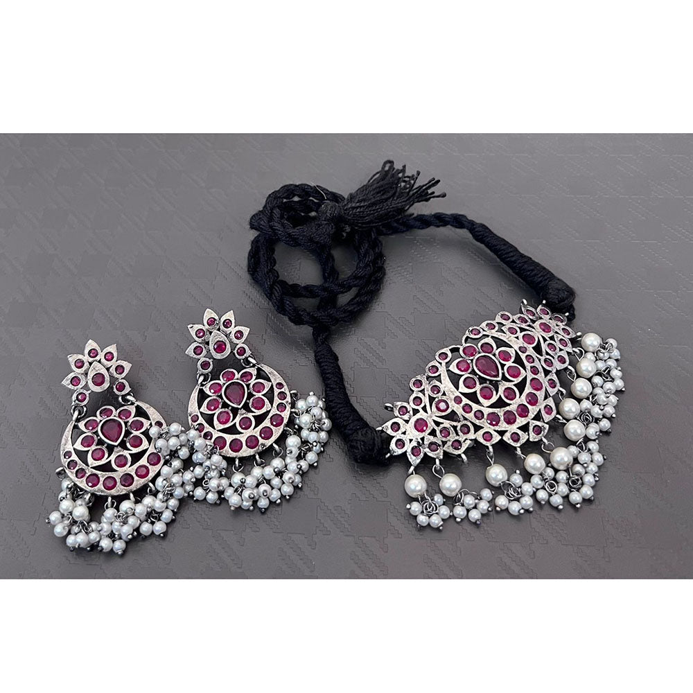 Akruti Collection Antique Oxidised Pota Stone And Pearl Choker Necklace Set
