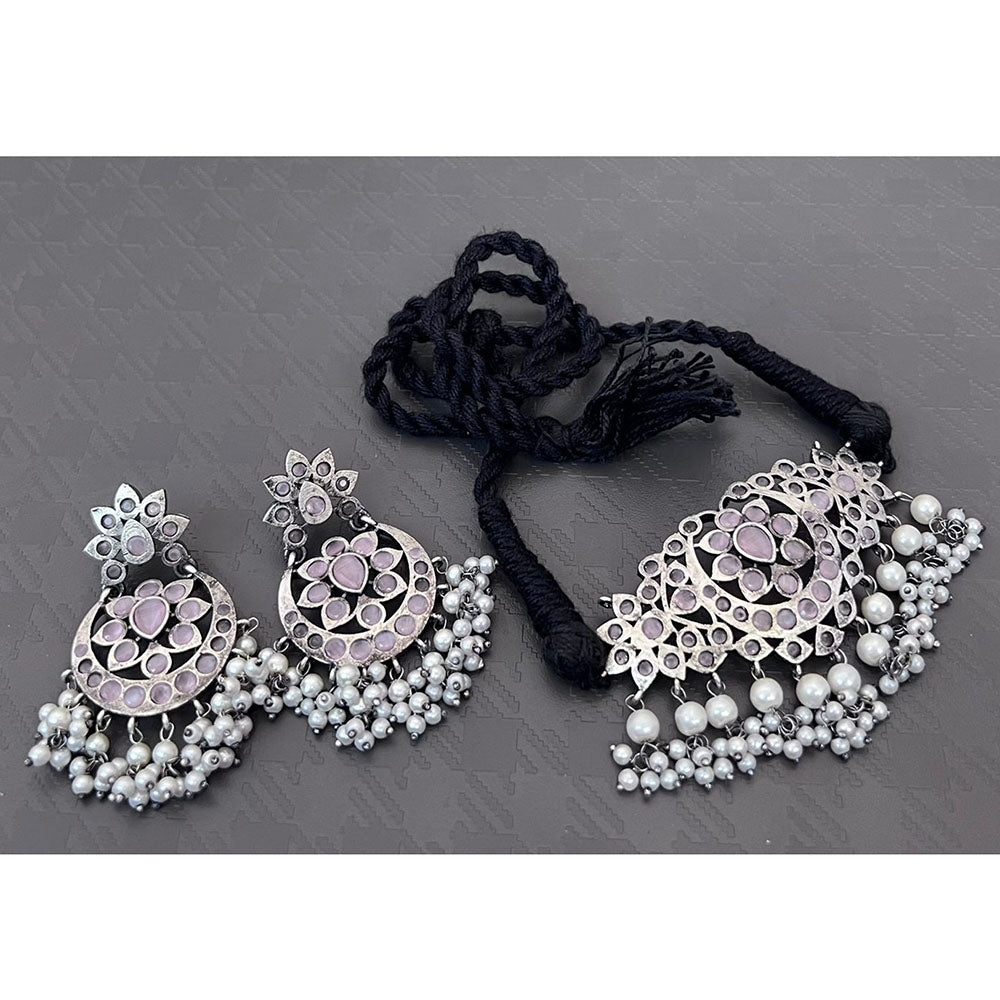 Akruti Collection Antique Oxidised Pota Stone And Pearl Choker Necklace Set