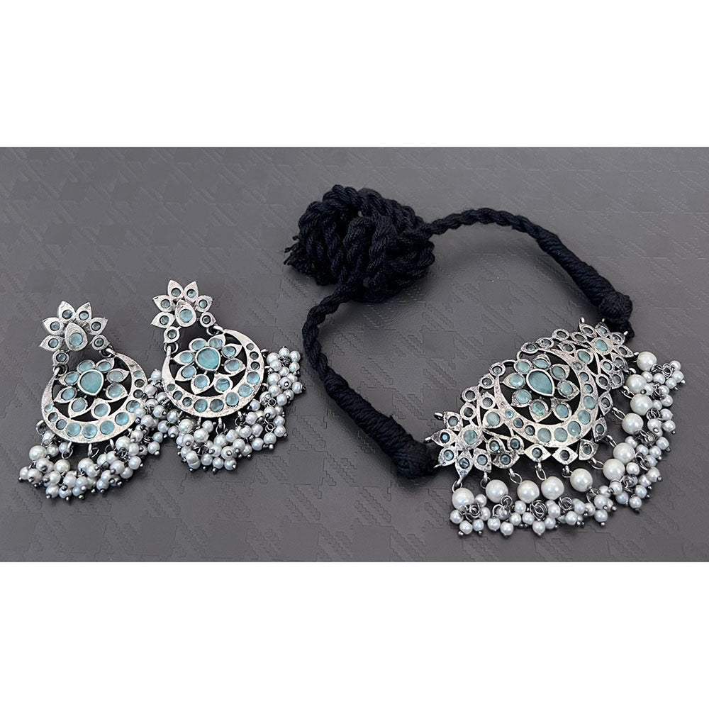 Akruti Collection Antique Oxidised Pota Stone And Pearl Choker Necklace Set
