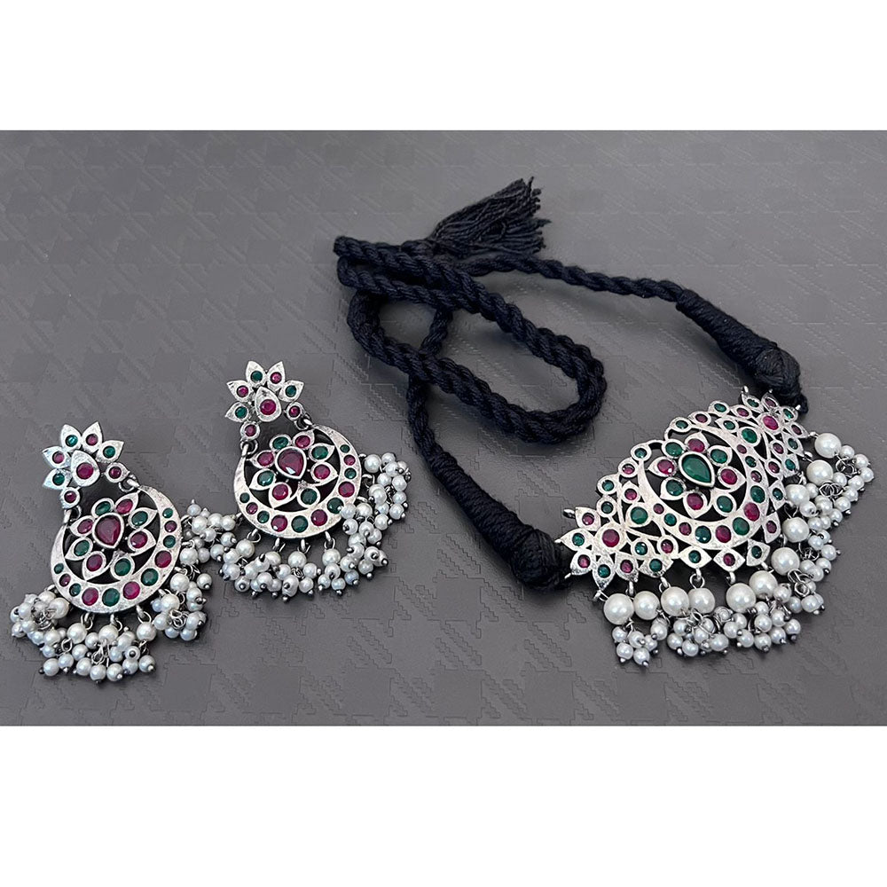 Akruti Collection Antique Oxidised Pota Stone And Pearl Choker Necklace Set