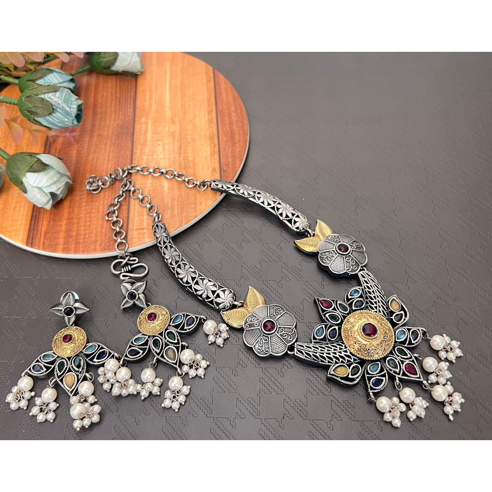 Akruti Collection Antique Style 2-Tone Pota Stone And Pearl Necklace Set