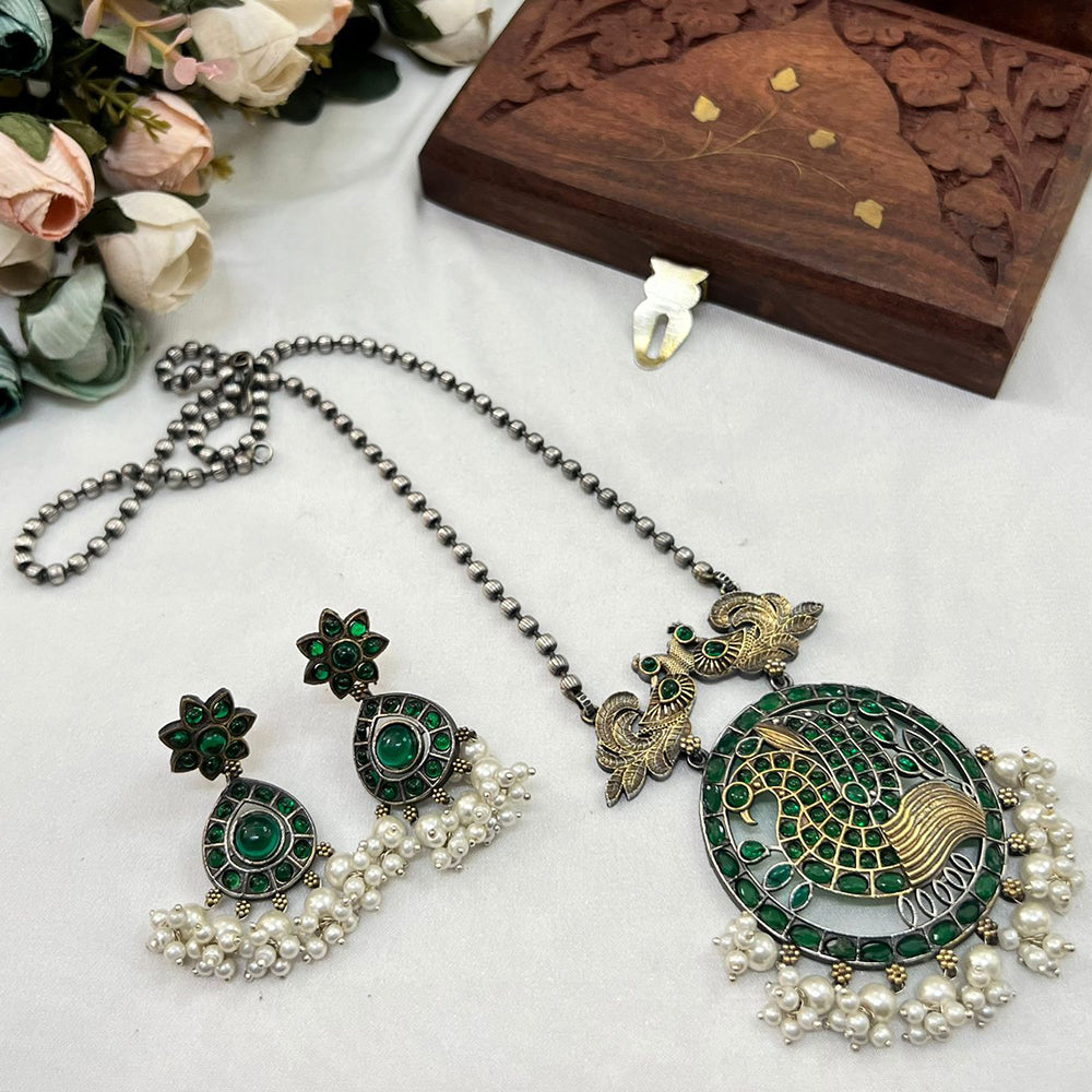 Akruti Collection Antique Style 2 Tone Pota Stone And Pearl Long Necklace Set