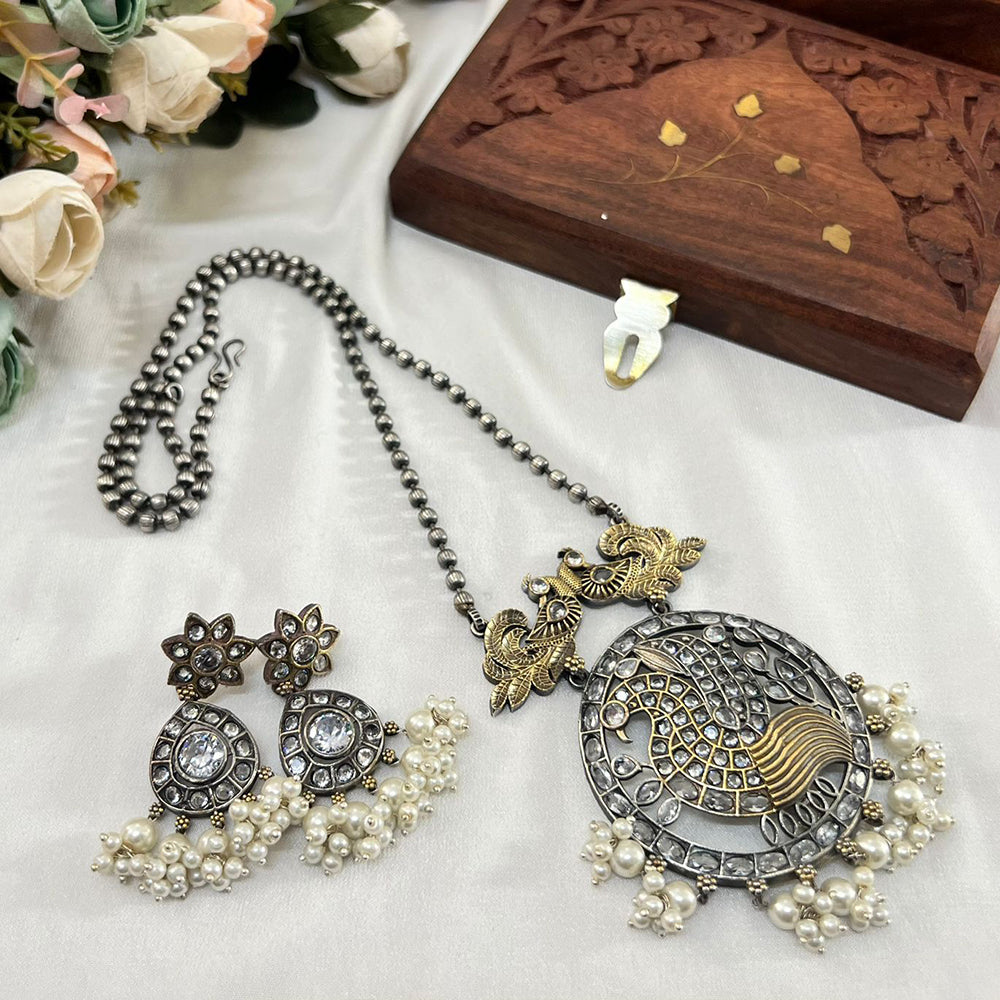 Akruti Collection Antique Style 2 Tone Pota Stone And Pearl Long Necklace Set