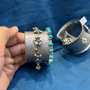 Akruti Collection Designer Oxidised Plated Pota Stone And Pearl Openable Kada
