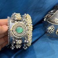 Akruti Collection Designer 2 Tone Pota Stone And Pearl Openable Kada