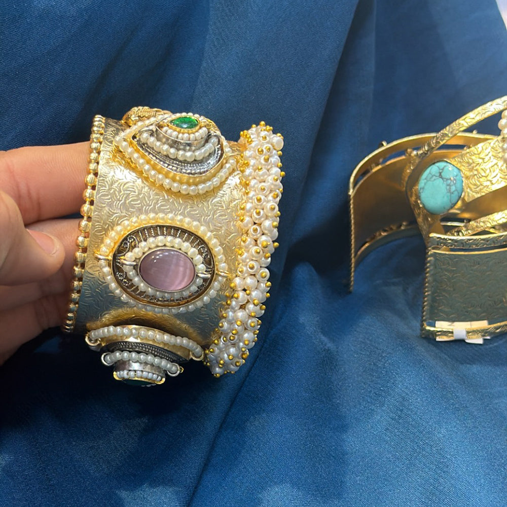 Akruti Collection Designer 2 Tone Pota Stone And Pearl Openable Kada