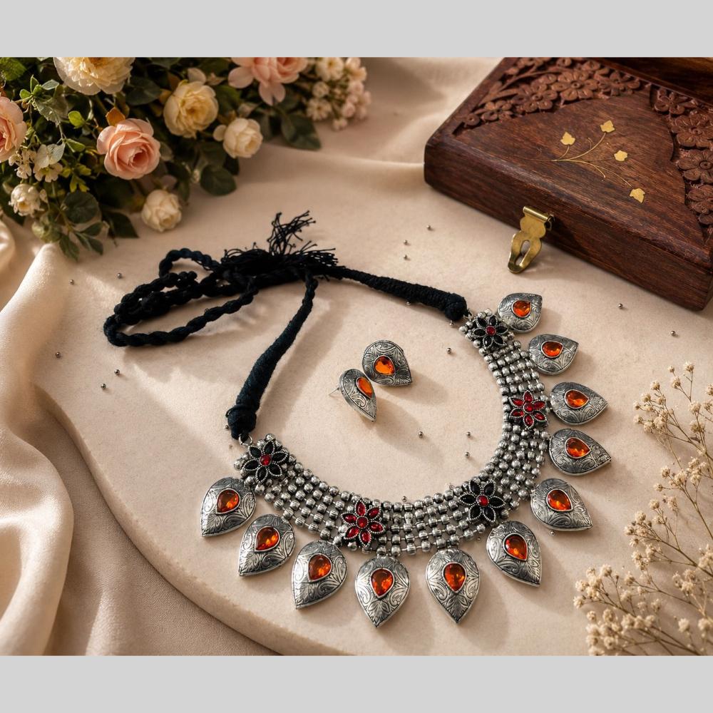 Akruti Collection Beautiful Oxidised Pota Stone Jewellery Set