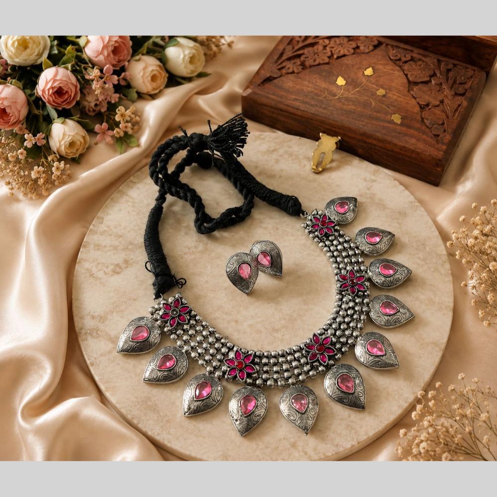 Akruti Collection Beautiful Oxidised Pota Stone Jewellery Set