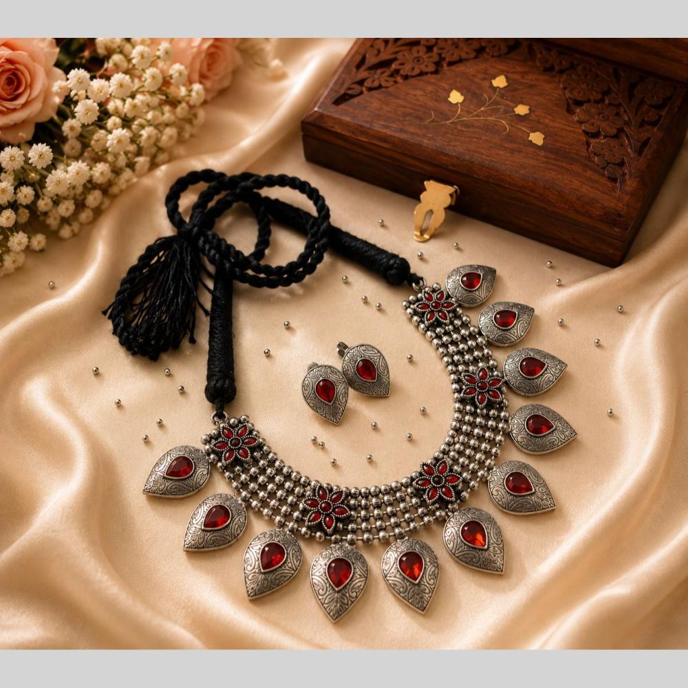 Akruti Collection Beautiful Oxidised Pota Stone Jewellery Set