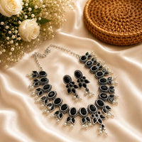 Akruti Collection Beautiful Oxidised Pota Stone And Pearl Jewellery Set