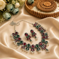 Akruti Collection Beautiful Oxidised Pota Stone And Pearl Jewellery Set