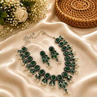 Akruti Collection Beautiful Oxidised Pota Stone And Pearl Jewellery Set