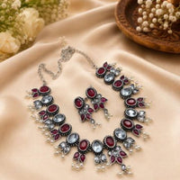 Akruti Collection Beautiful Oxidised Pota Stone And Pearl Jewellery Set