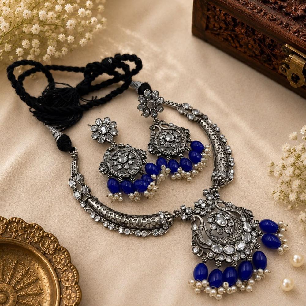 Akruti Collection Beautiful Oxidised Pota Stone And Pearl Jewellery Set