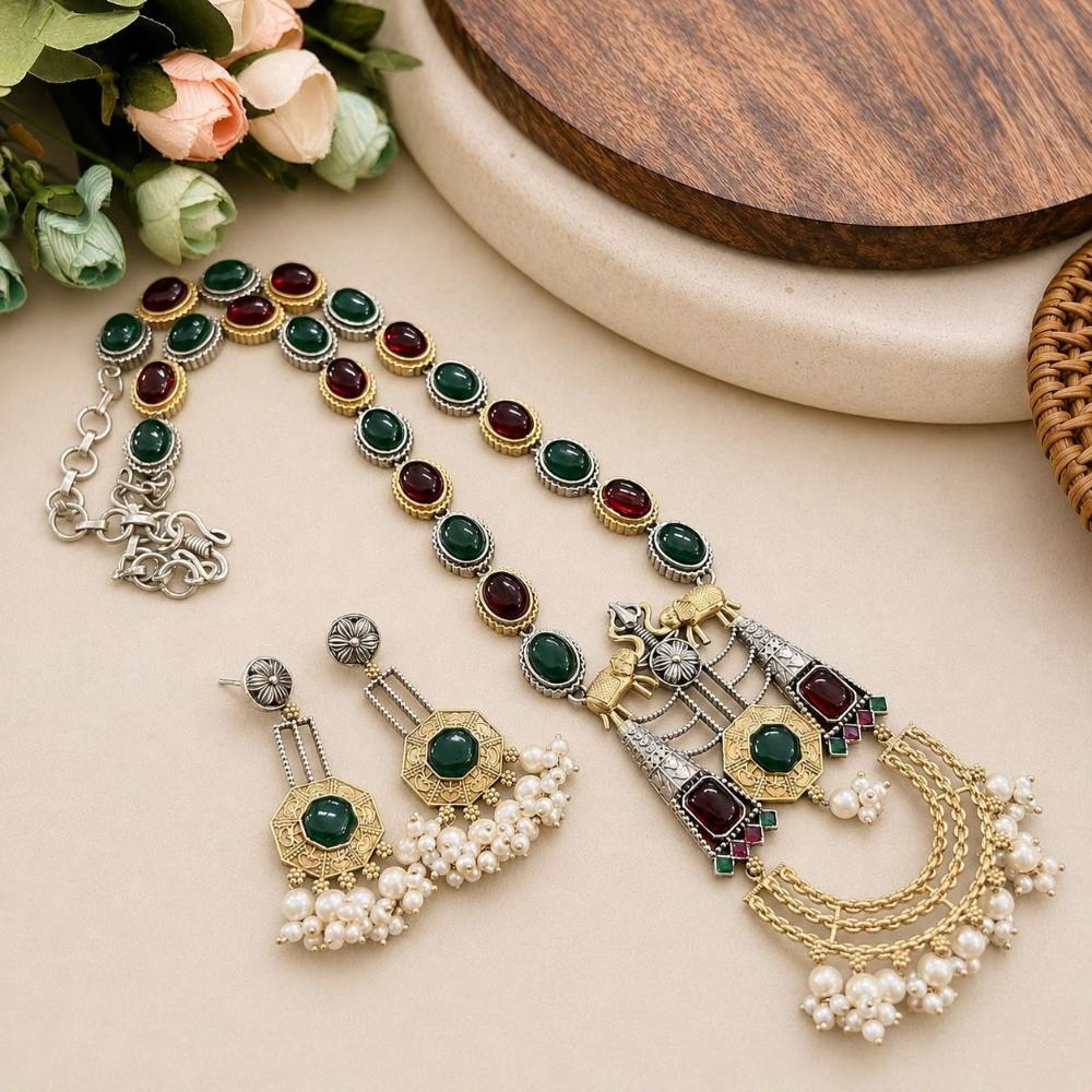 Akruti Collection Designer 2 Tone Plated Pota Stone And Beads Necklace Set
