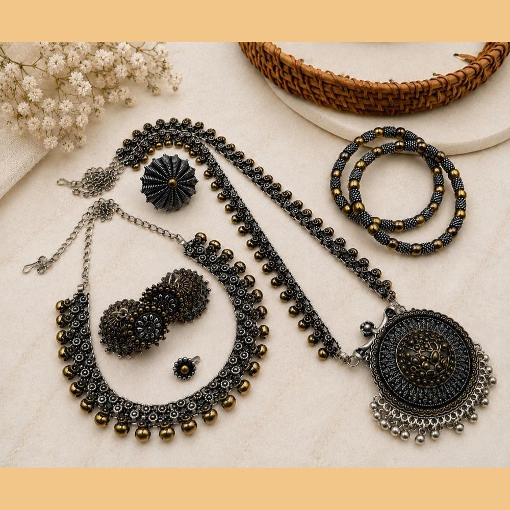 Akruti Collection Royal Oxidised Plated Ethnic Combo Set