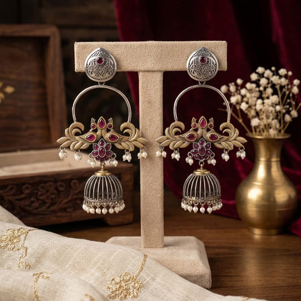 Akruti Collection 2 Tone Plated Designer Pota Stone And Pearl Jhumki Earrings