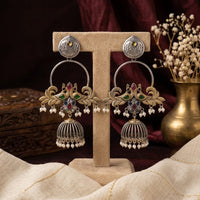 Akruti Collection 2 Tone Plated Designer Pota Stone And Pearl Jhumki Earrings