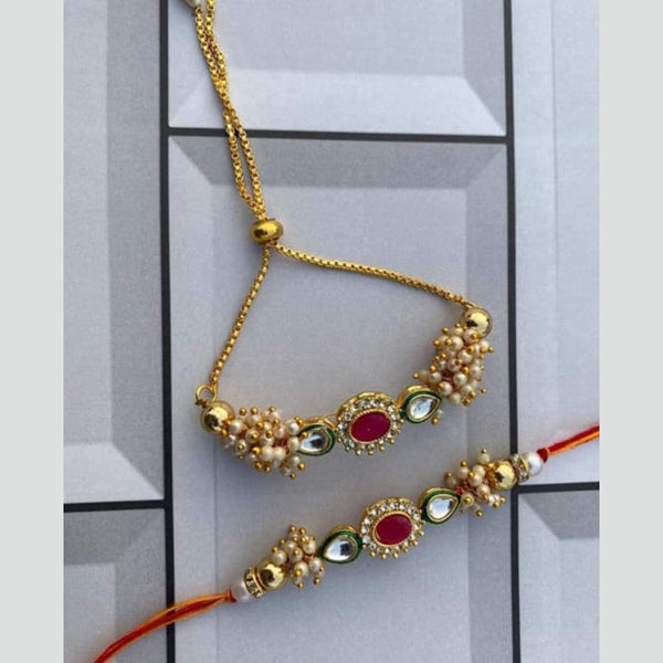 Palak Art Gold Plated Kundan Stone And Pearl Rakhi Combo